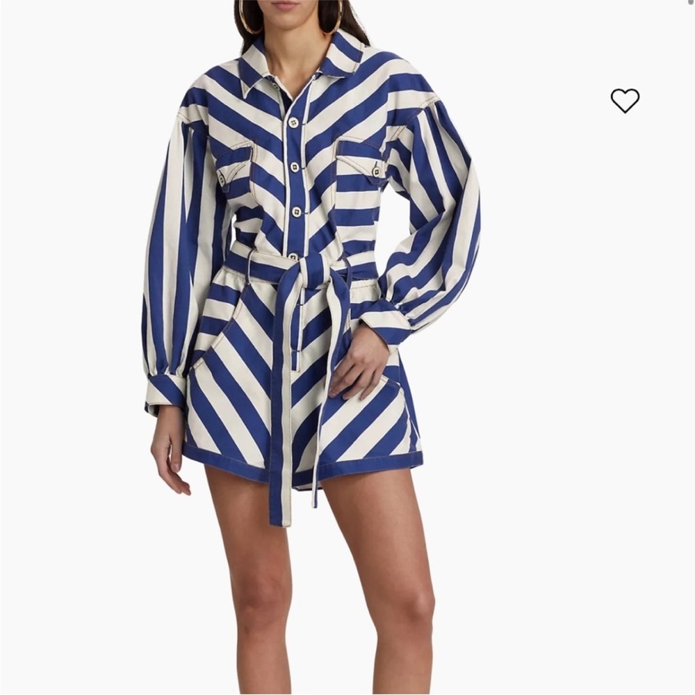 NWT FARM Rio Women’s Blue and White Striped Printed Romper Jumpsuit Tie Belt XXS - Picture 3 of 16